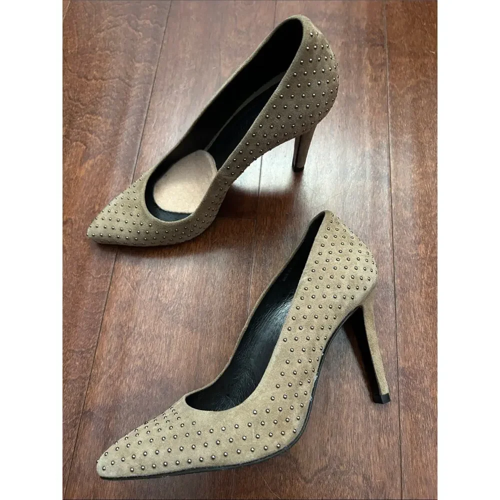 The Kooples Taupe Suede Studded Pointed-Toe Stiletto Heels, Size 5.5/6 (36)